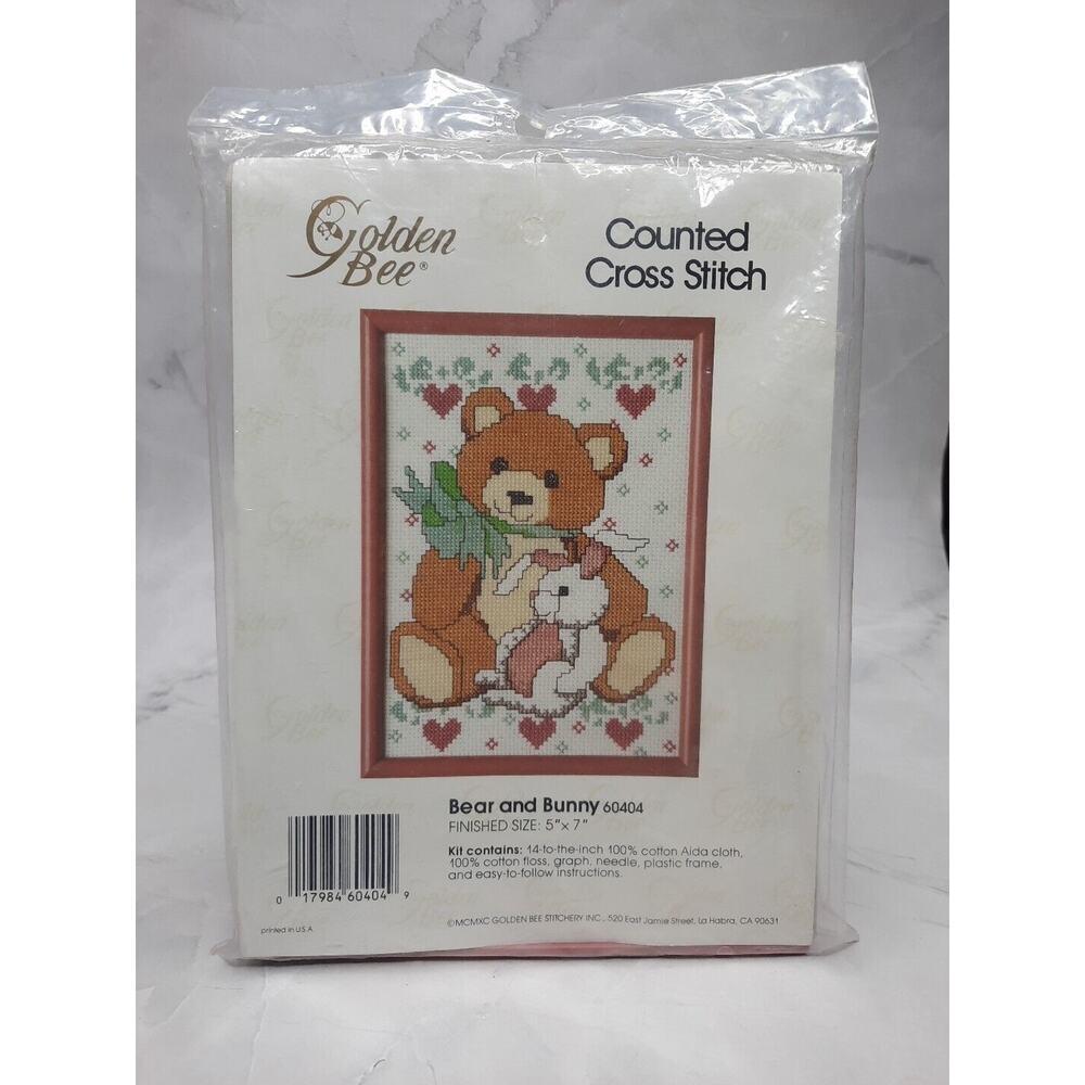 Vintage Golden Bee Counted Cross Stitch Kit with Frame Bear and Bunny 5x7